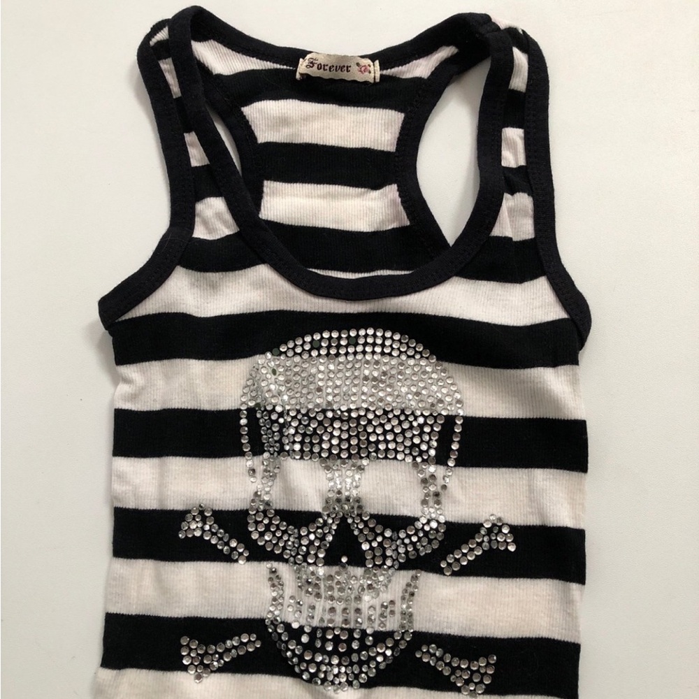 Vintage Forever Black and White Striped tank  with Rhinestone Skull